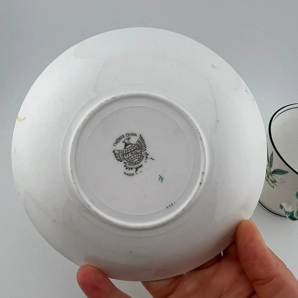 VTG Phoenix China England Floral Cup & Saucer TF&S Ltd Hand Painted Handle 1930s